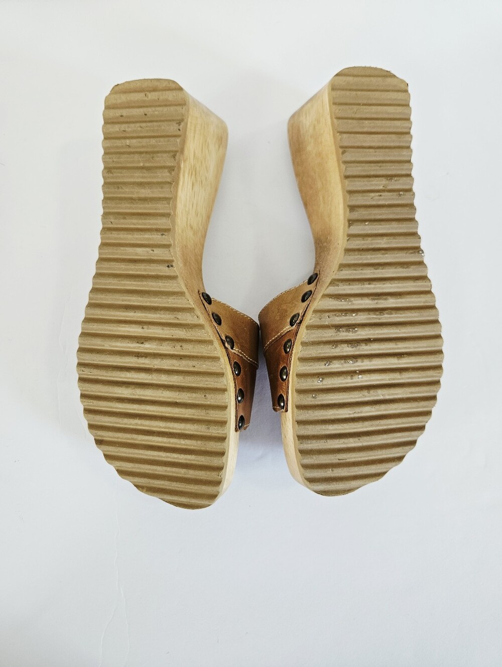 Vintage l.e.i. Wooden Diedra Platform Patchwork Leather Slip On Mule Sandals 8.5 - Picture 14 of 16